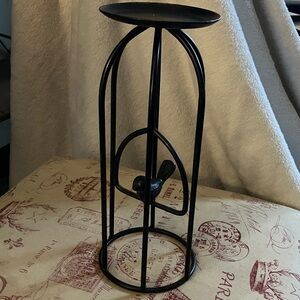 Metal Pillar Candle Holder Bird Cage With Bird; Black Cast Iron